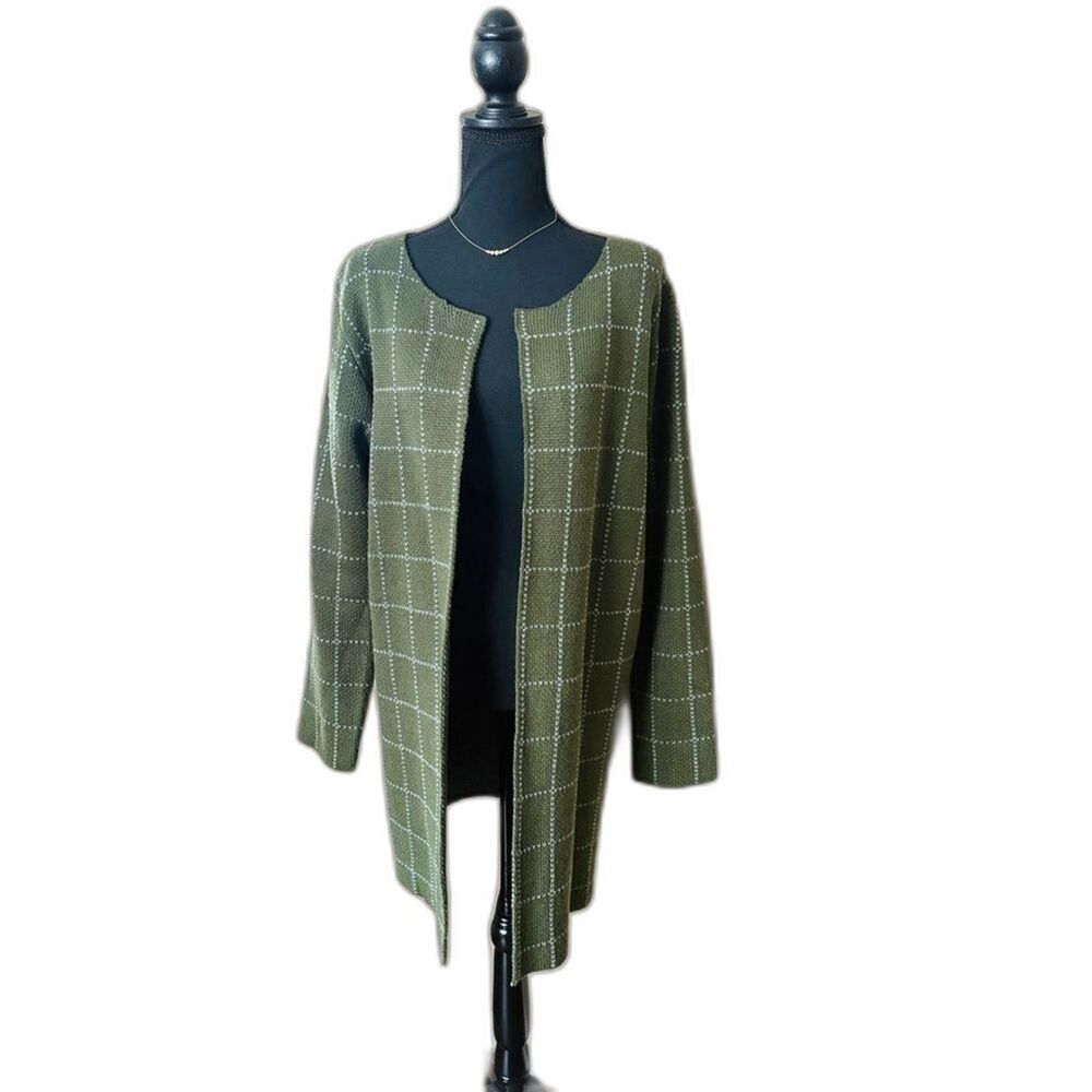 Anthropologie green window pane long line open cardigan sweater Oliver by Escio - Picture 3 of 15